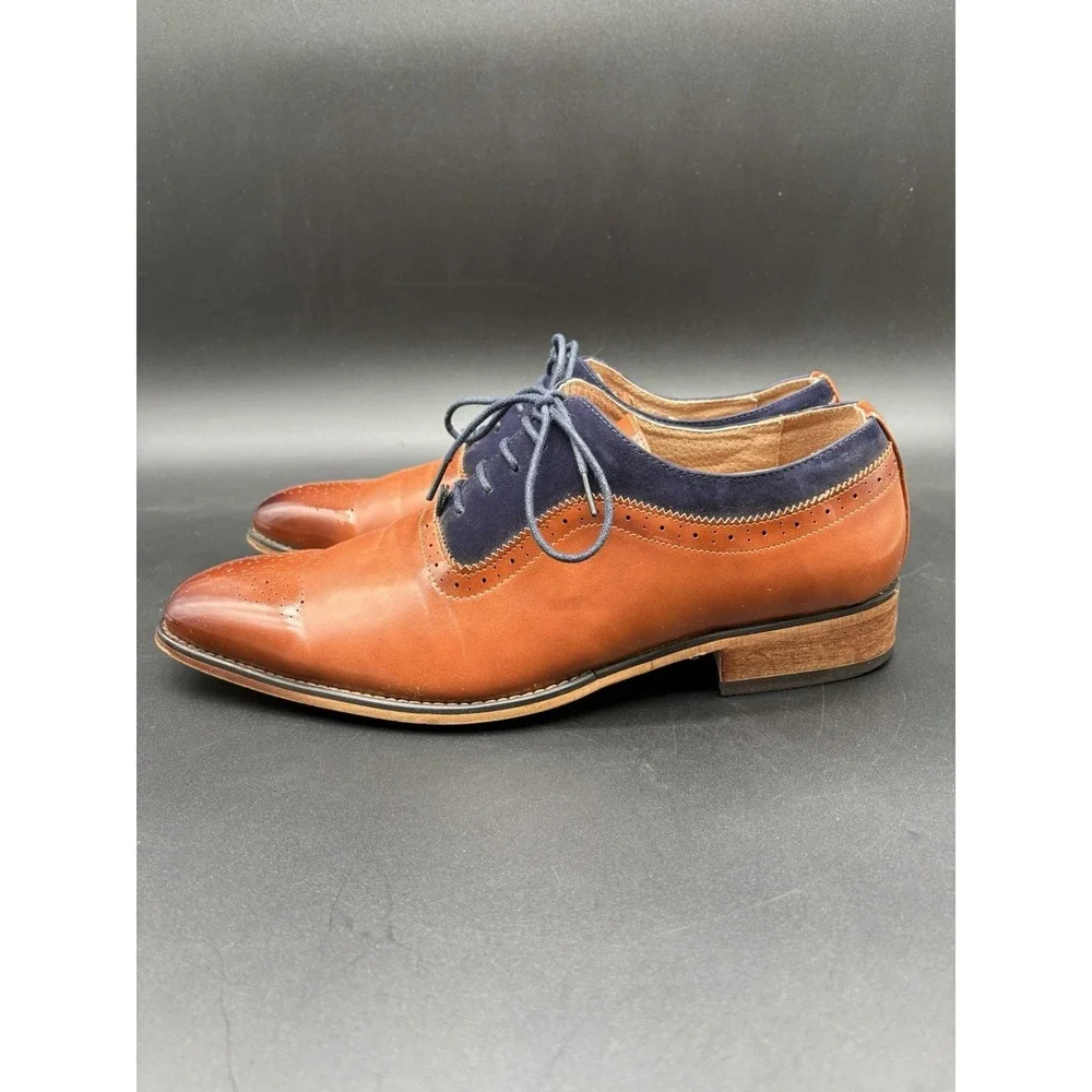 Gino Vitale Oxford Mens 11 Tan Navy Blue Excellent‎ Two Tone Brogue Dress Shoes